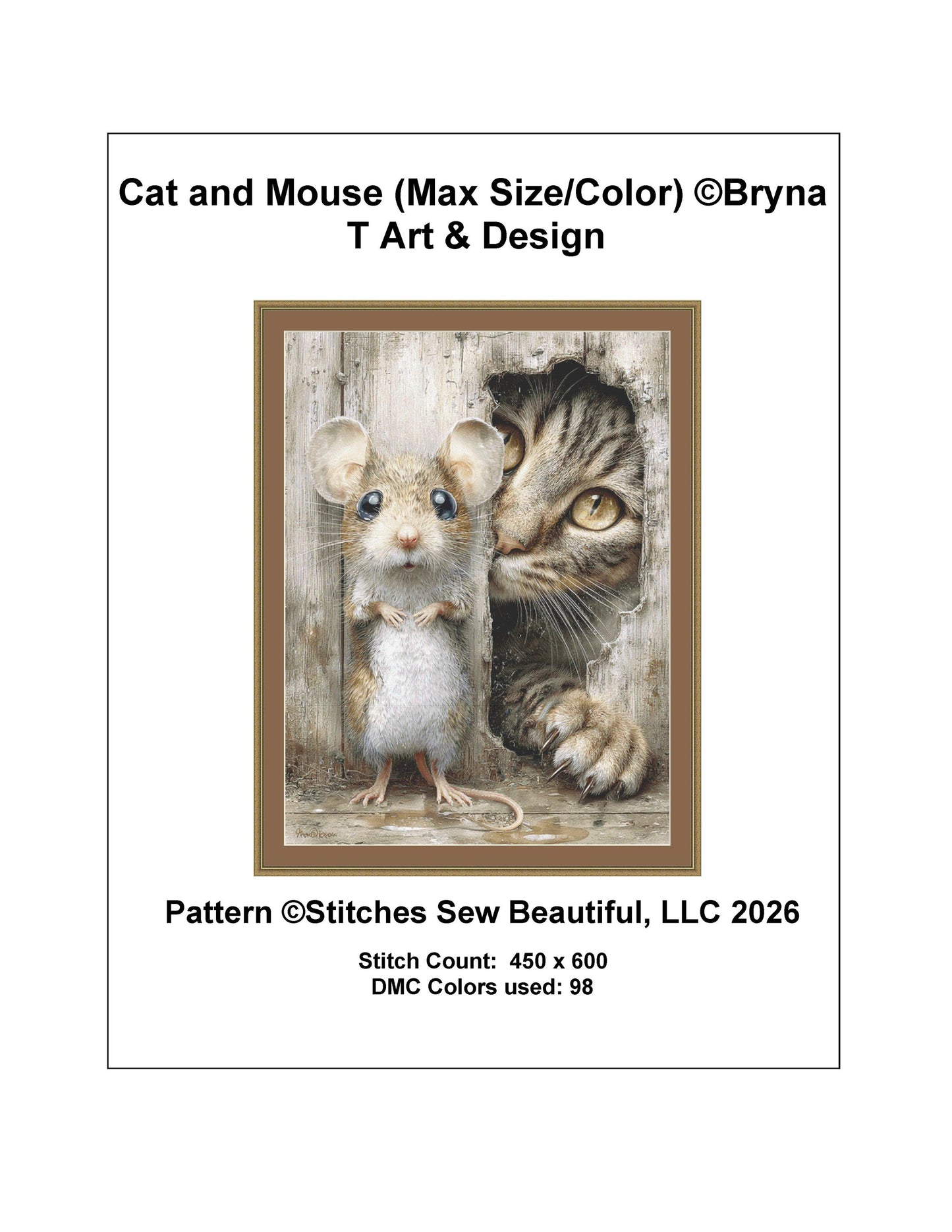 Cat and Mouse (Max Size/Color) counted cross stitch pattern by Bryna T Art & Design (Digital Format)