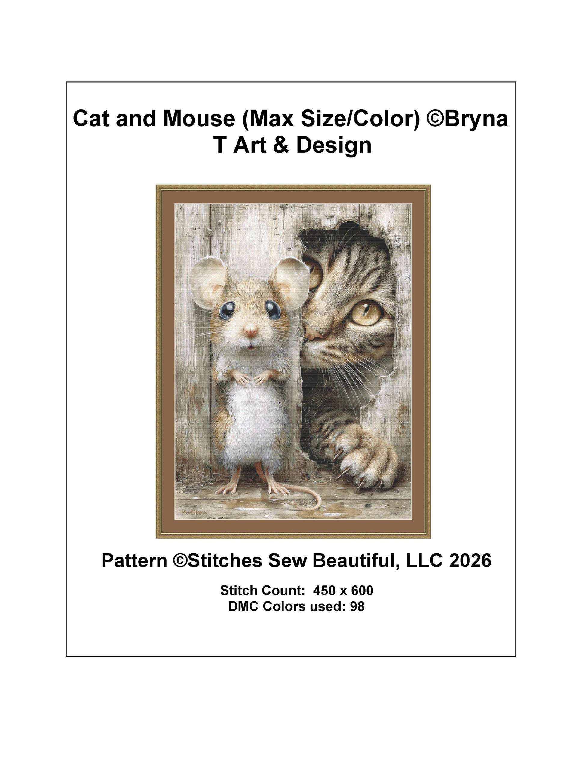 Cat and Mouse (Max Size/Color) counted cross stitch pattern by Bryna T Art & Design (Digital Format)