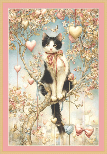 Cat on a Branch With Hearts (Max Size/Color) counted cross stitch pattern by Bryna T Art & Design (Digital Format)