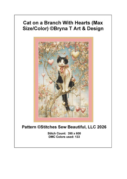 Cat on a Branch With Hearts (Max Size/Color) counted cross stitch pattern by Bryna T Art & Design (Digital Format)