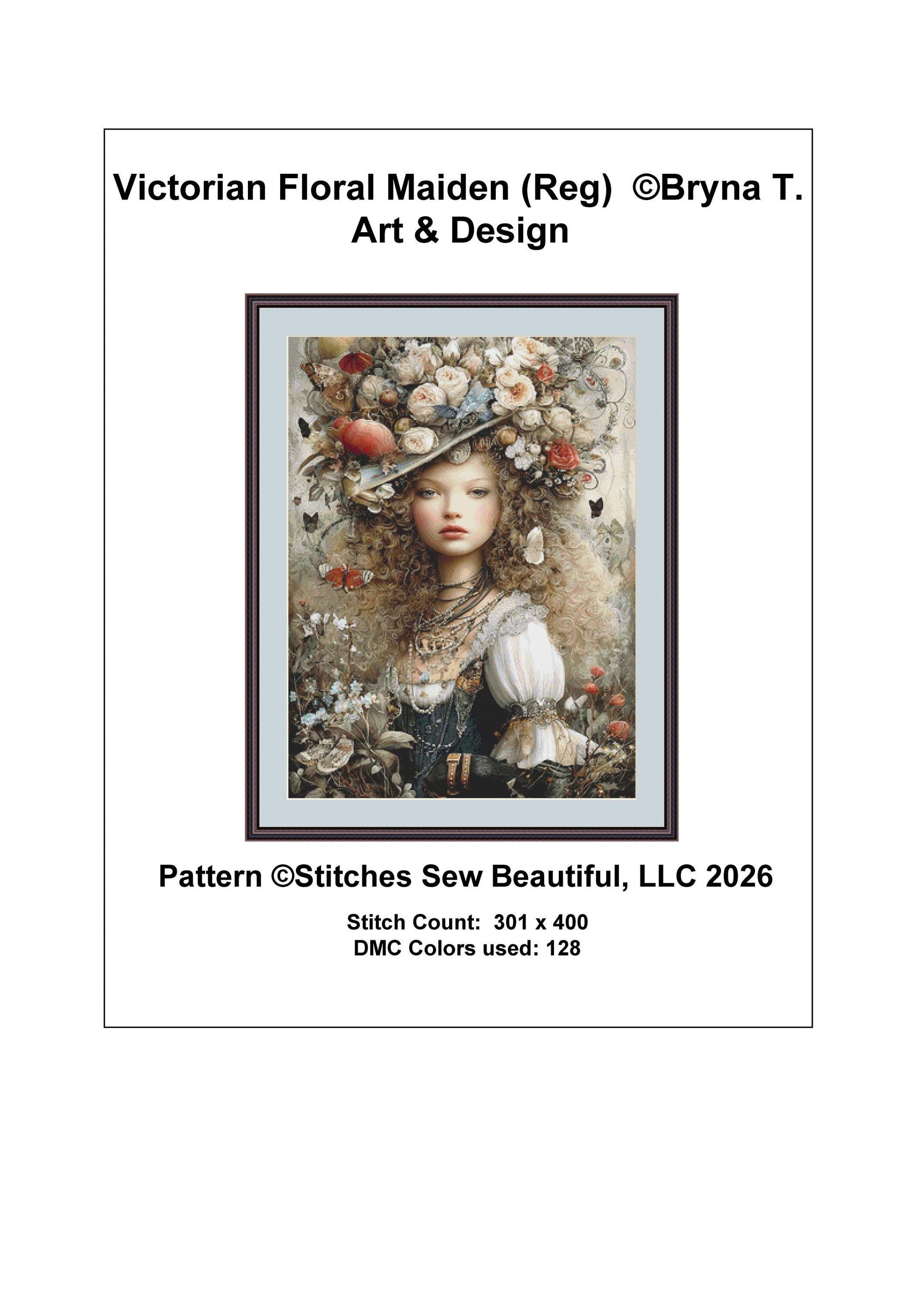 Victorian Floral Maiden counted cross stitch pattern by Bryna T Art & Design (Digital Format)