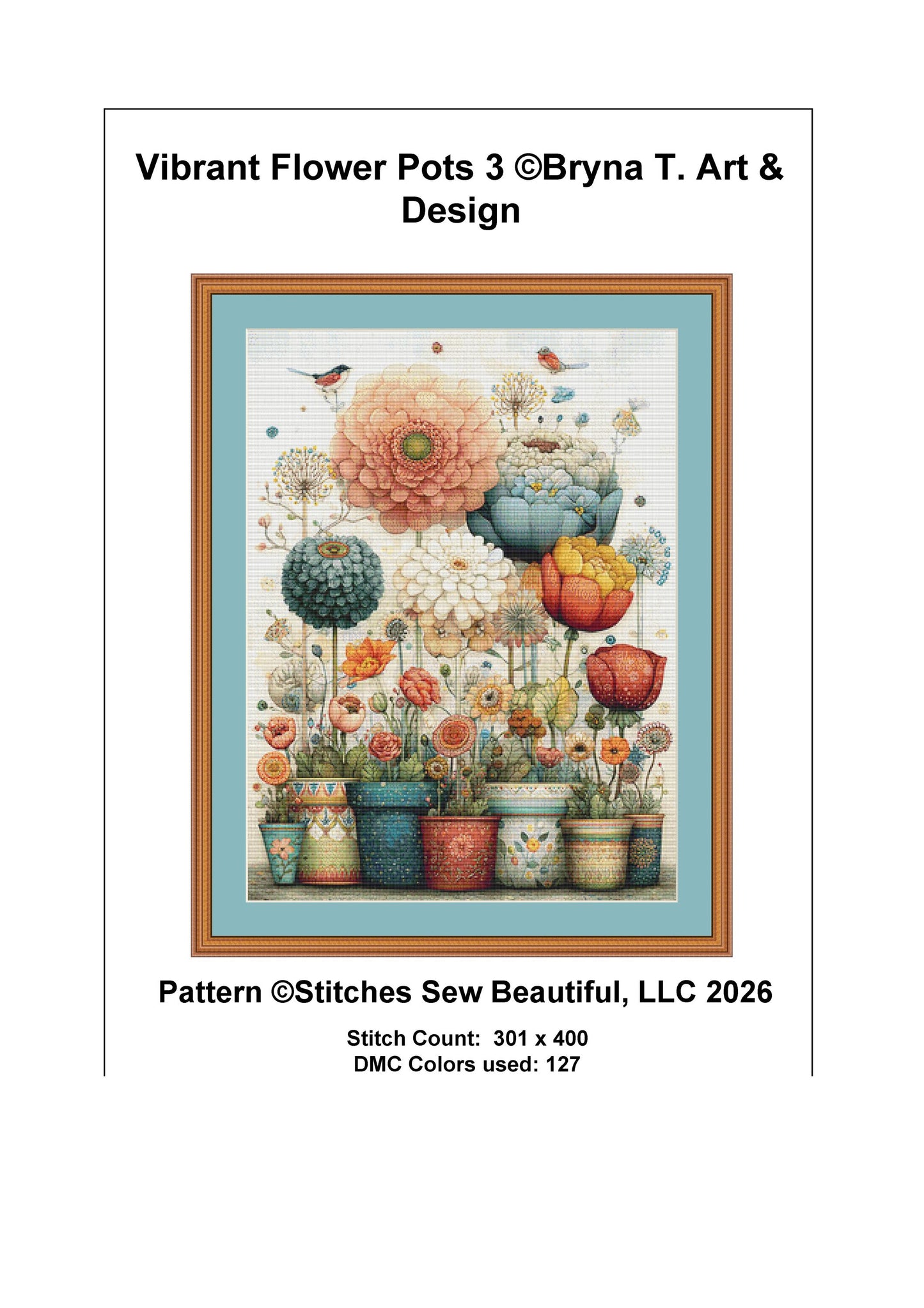 Vibrant Flower Pots 3 counted cross stitch pattern by Bryna T Art & Design (Digital Format)