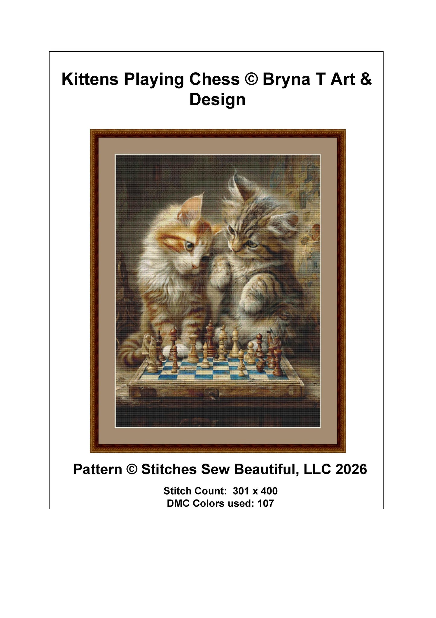Kittens Playing Chess counted cross stitch pattern by Bryna T Art & Design (Digital Format)