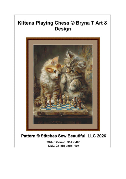 Kittens Playing Chess counted cross stitch pattern by Bryna T Art & Design (Digital Format)