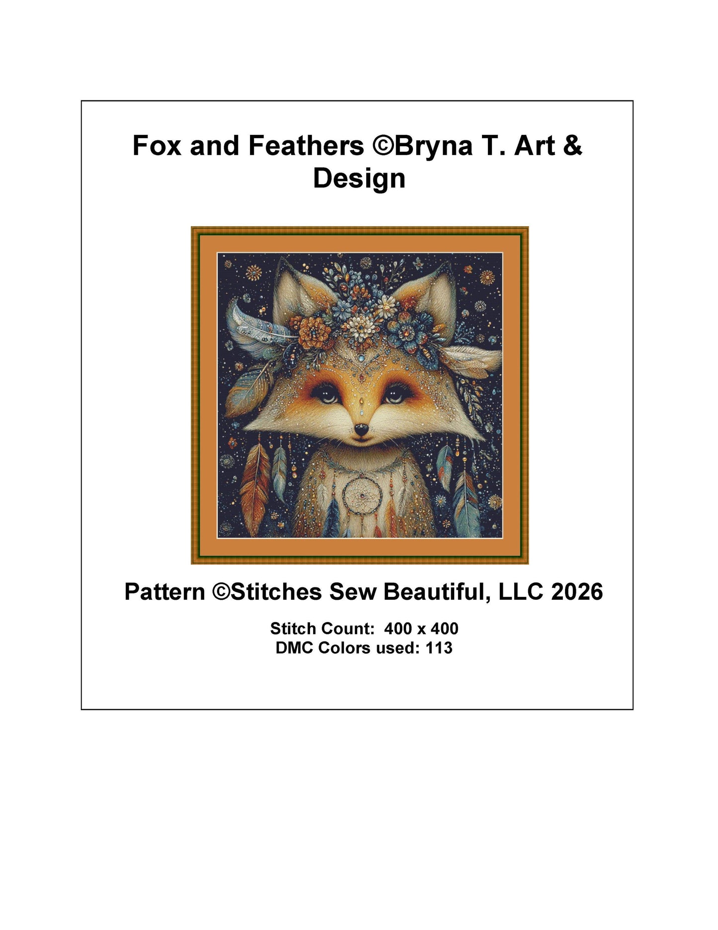 Fox and Feathers counted cross stitch pattern by Bryna T. Art & Design (Digital Format)