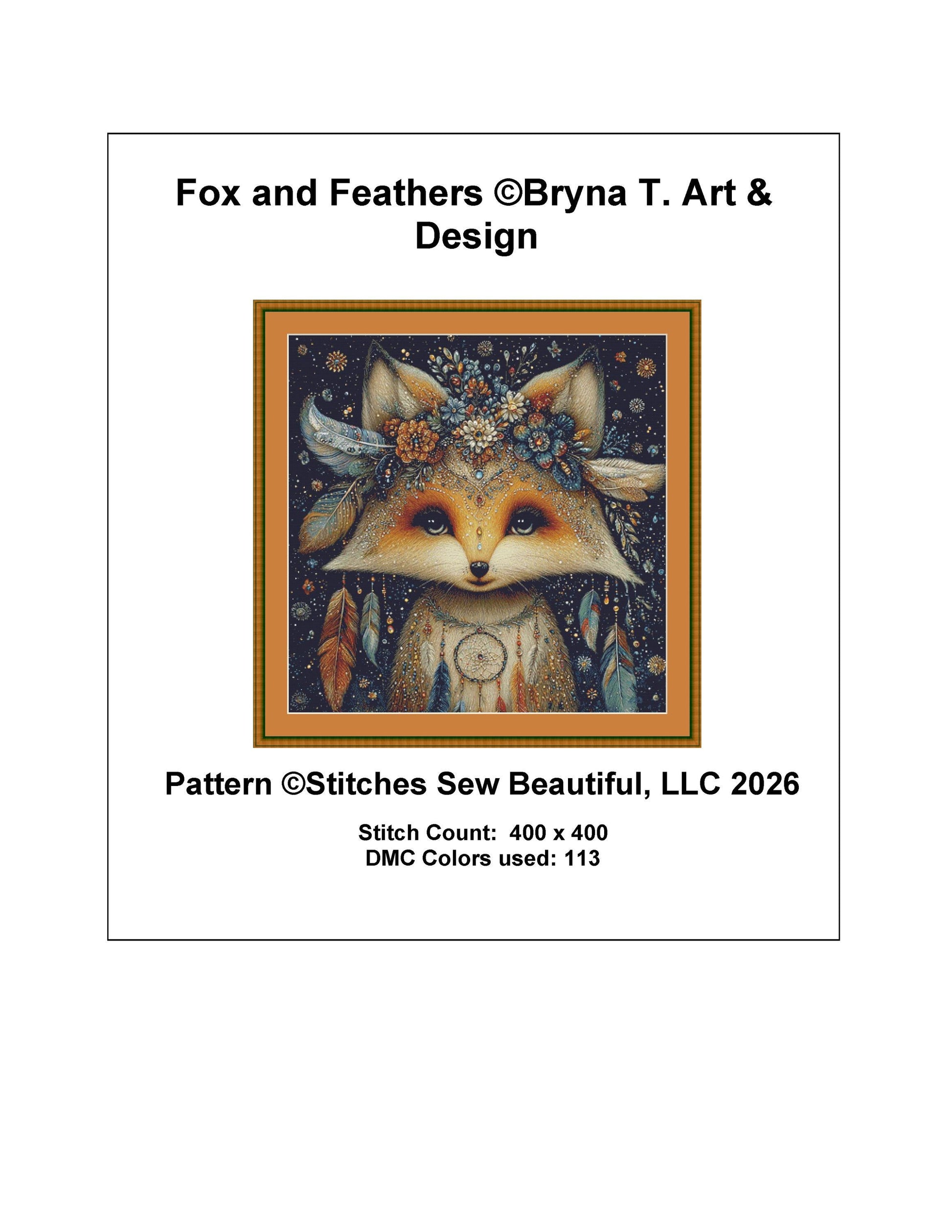 Fox and Feathers counted cross stitch pattern by Bryna T. Art & Design (Digital Format)
