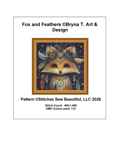 Fox and Feathers counted cross stitch pattern by Bryna T. Art & Design (Digital Format)