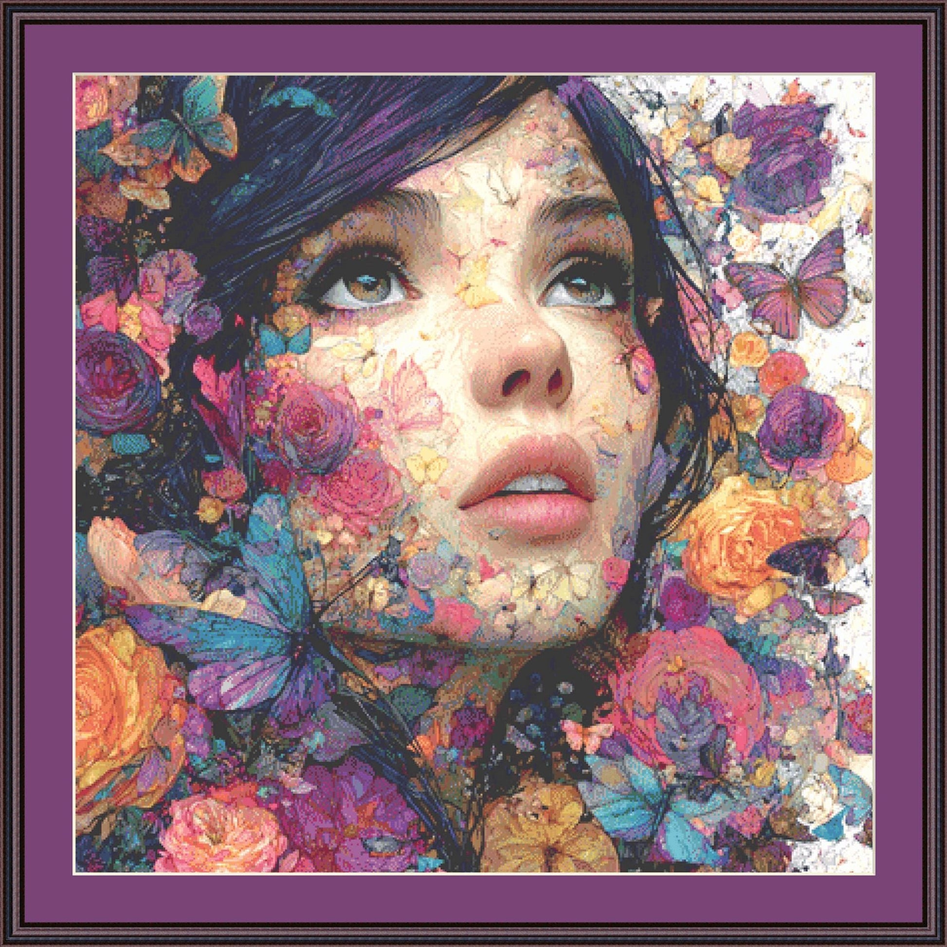 Woman, Butterflies, Roses 4 counted cross stitch pattern by Bryna T. Art & Design (Digital Format)