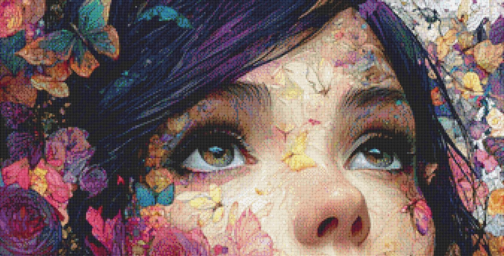 Woman, Butterflies, Roses 4 counted cross stitch pattern by Bryna T. Art & Design (Digital Format)