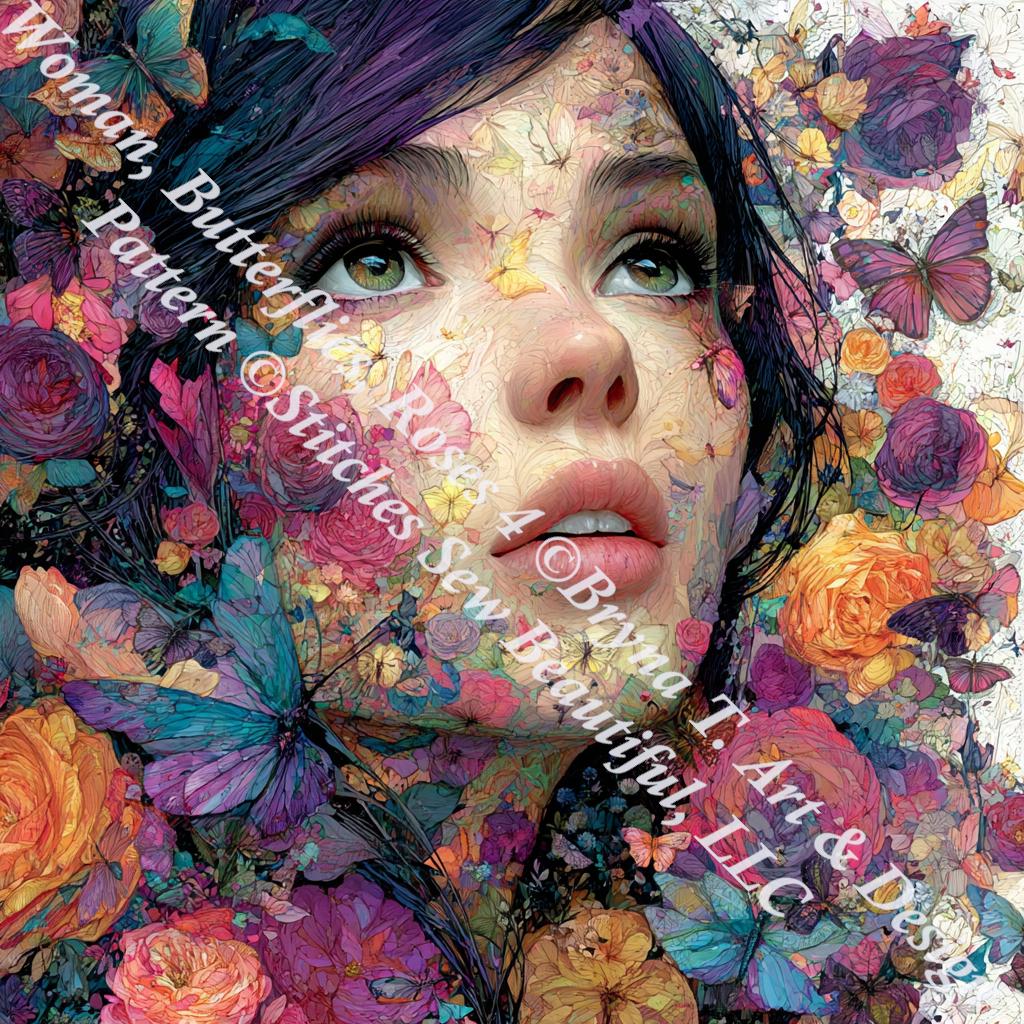 Woman, Butterflies, Roses 4 counted cross stitch pattern by Bryna T. Art & Design (Digital Format)
