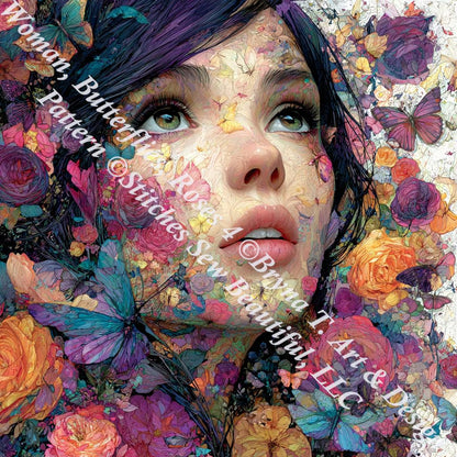 Woman, Butterflies, Roses 4 counted cross stitch pattern by Bryna T. Art & Design (Digital Format)