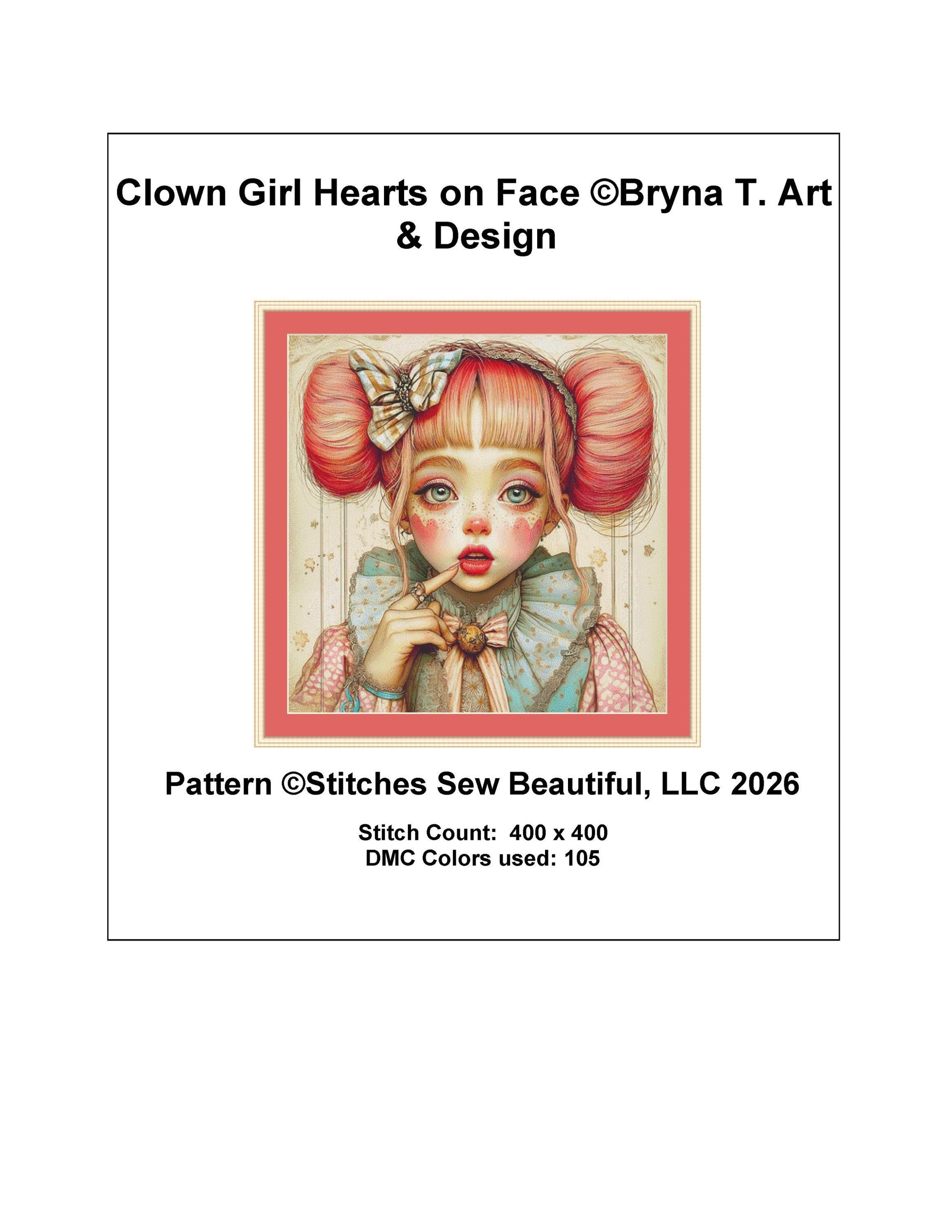 Clown Girl Hearts on Face counted cross stitch pattern by Bryna T Art & Design (Digital Format)