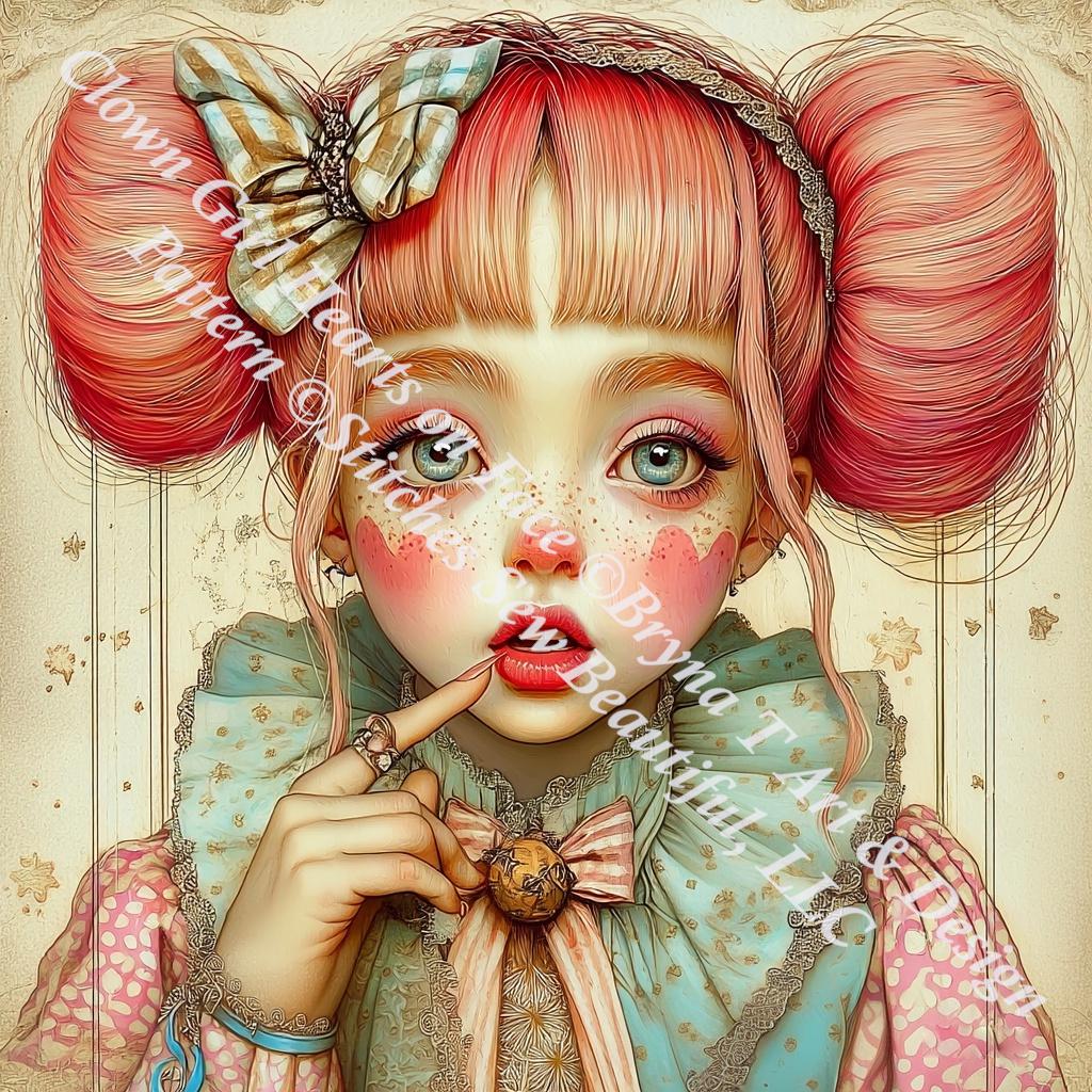 Clown Girl Hearts on Face counted cross stitch pattern by Bryna T Art & Design (Digital Format)