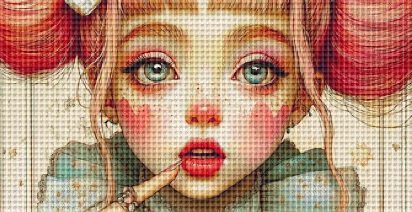 Clown Girl Hearts on Face counted cross stitch pattern by Bryna T Art & Design (Digital Format)