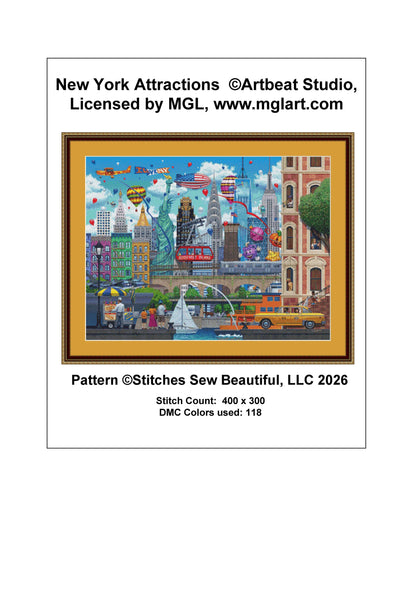 New York Attractions counted cross stitch pattern by Artbeat Studio, Licensed by MGL, www.mglart.com (Digital Format)