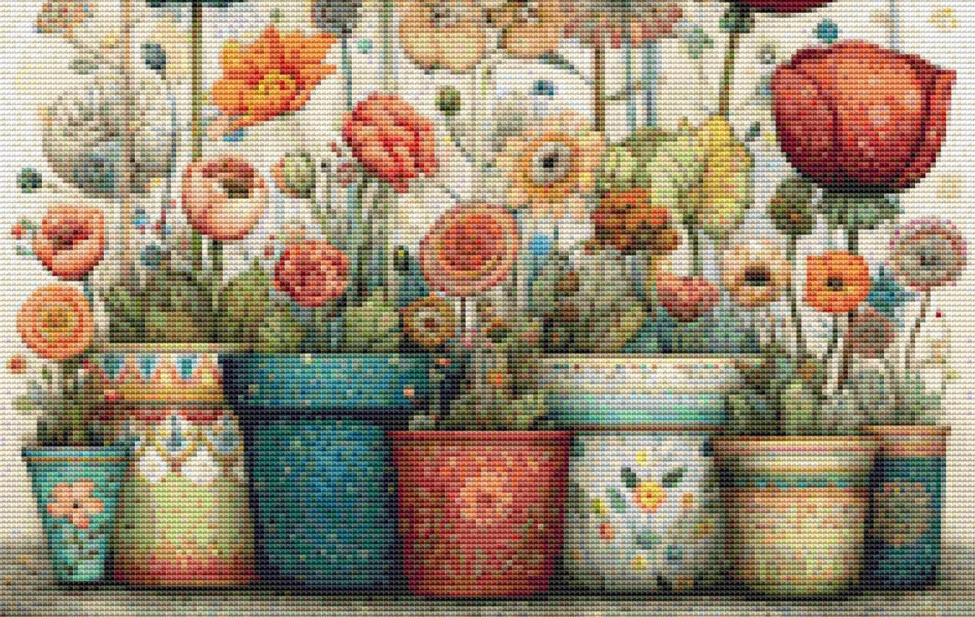 Vibrant Flower Pots 3 (Small) counted cross stitch pattern by Bryna T Art & Design (Digital Format)