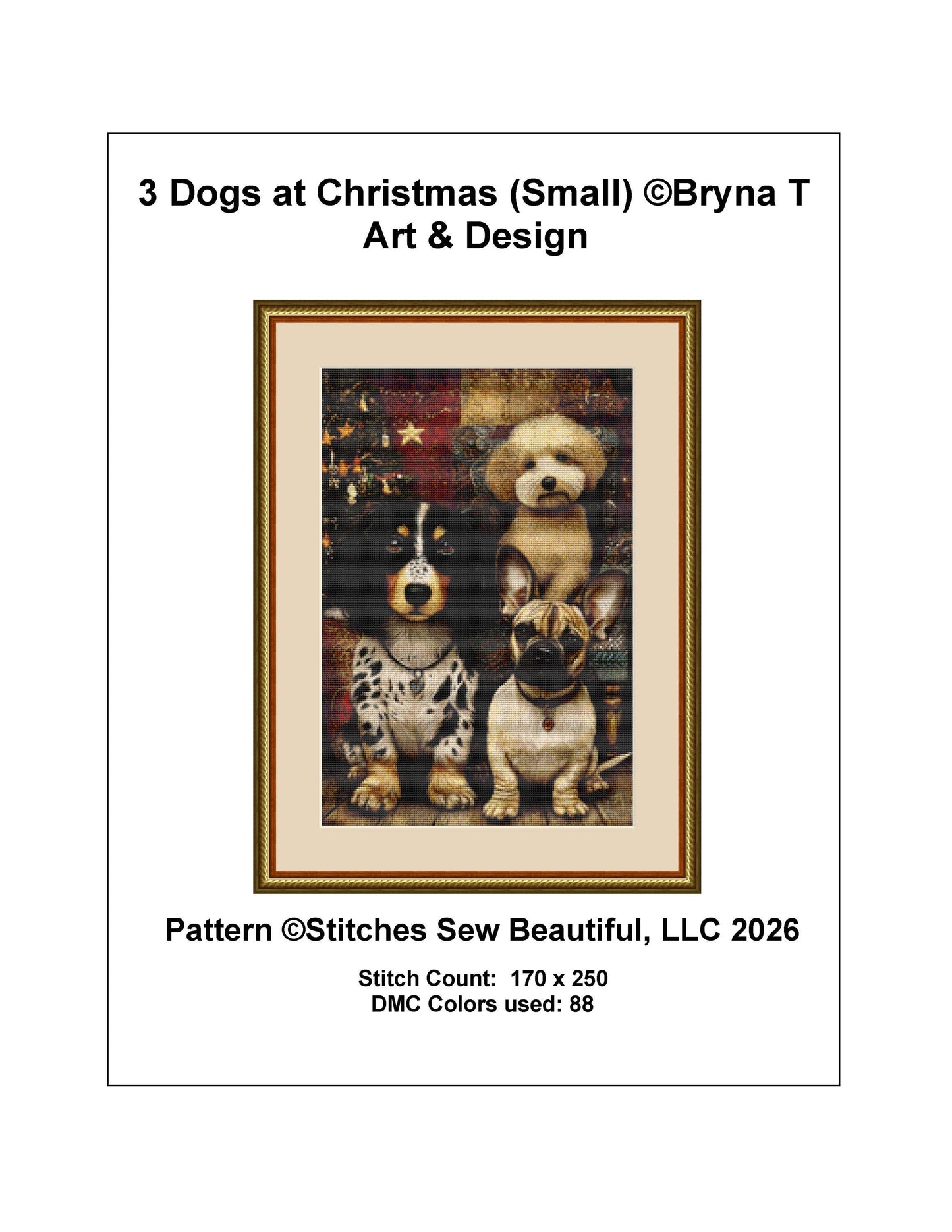 3 Dogs at Christmas (Small) counted cross stitch pattern by Bryna T Art & Design (Digital Format)