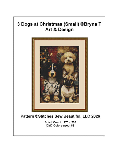 3 Dogs at Christmas (Small) counted cross stitch pattern by Bryna T Art & Design (Digital Format)