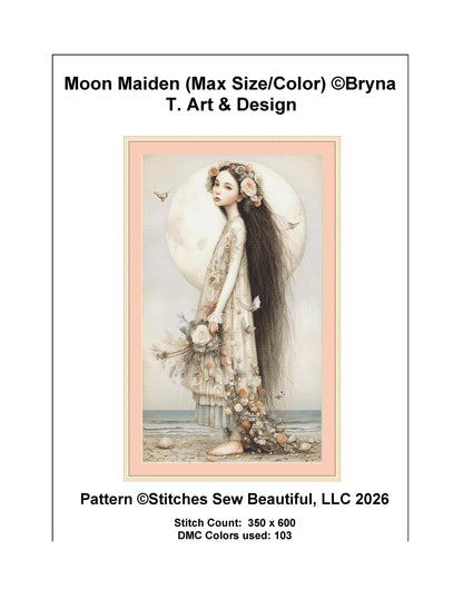 Moon Maiden (Max Size/Color) counted cross stitch pattern by Bryna T. Art & Designs (Digital Format)
