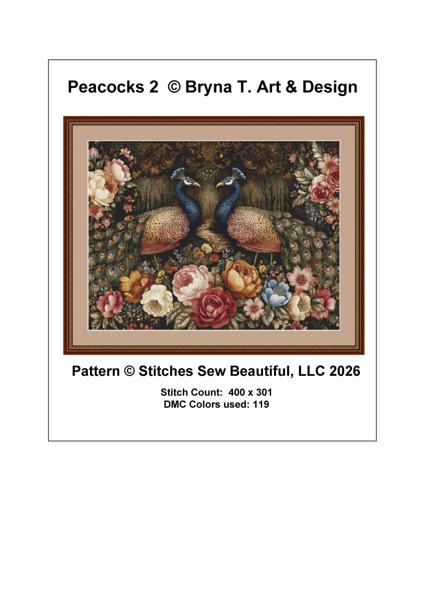 Peacocks 2 counted cross stitch pattern by Bryna T Art & Design (Digital Format)