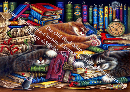 The Old Book Shop Cats counted cross stitch pattern by Irina Garmashova-Cawton, Licensed by MGL, www.mglart.com (Digital Format)