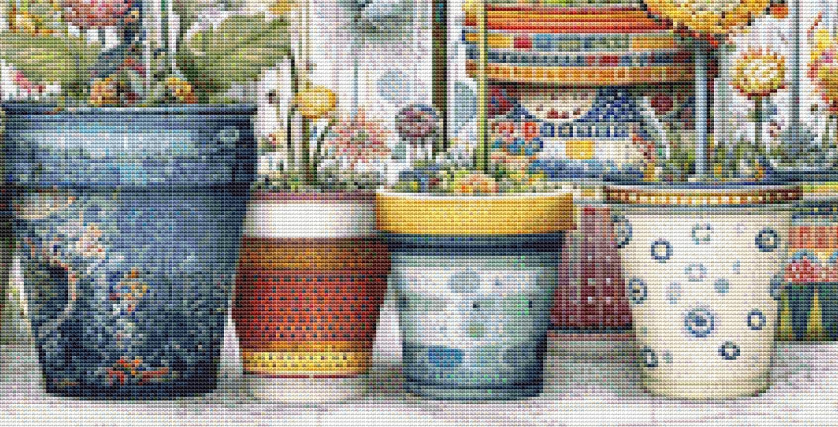Vibrant Flower Pots 1 counted cross stitch pattern by Bryna T. Art & Design (Digital Format)
