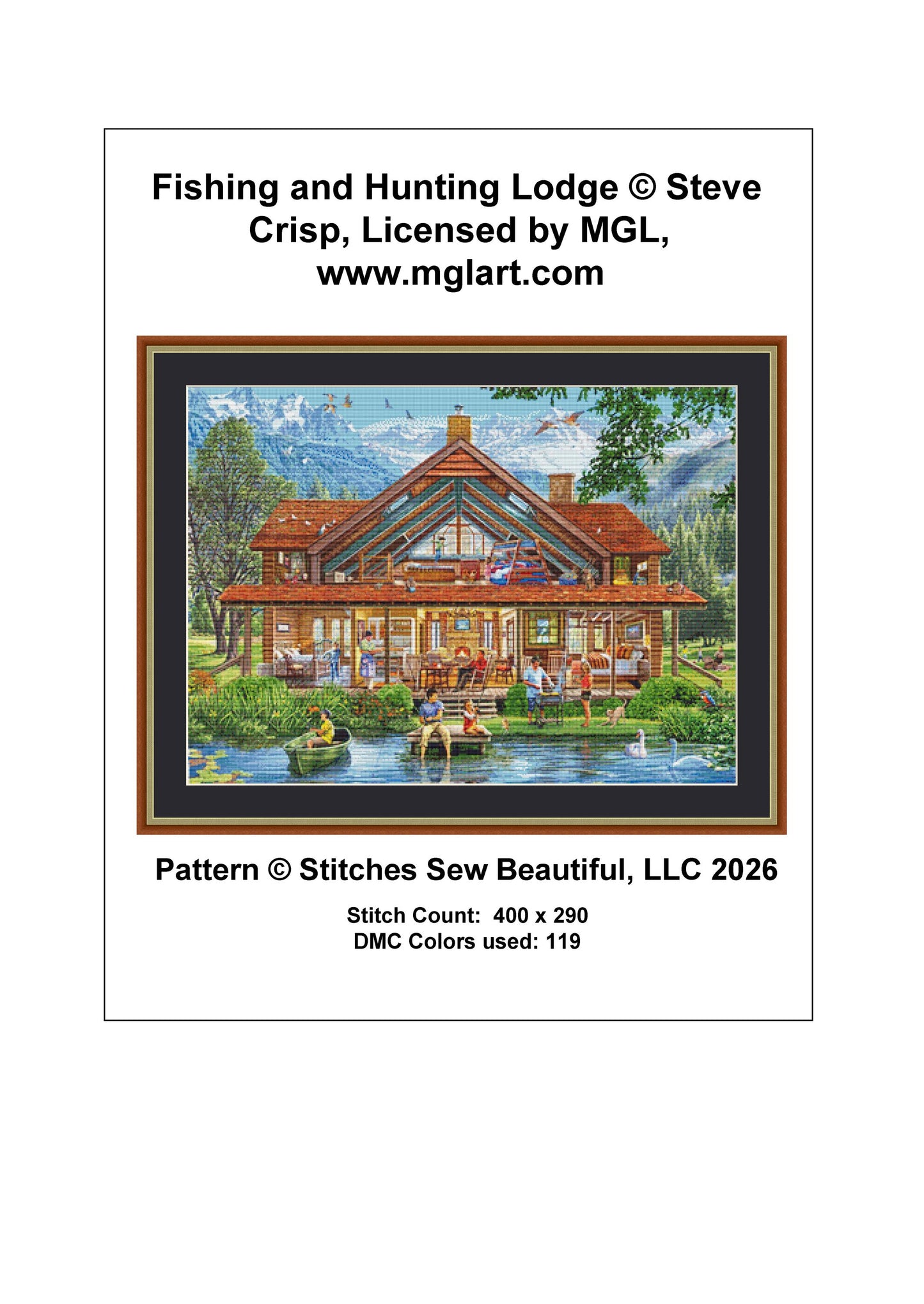 Fishing and Hunting Lodge counted cross stitch pattern by Steve Crisp, Licensed by MGL, www.mglart.com (Digital Format)