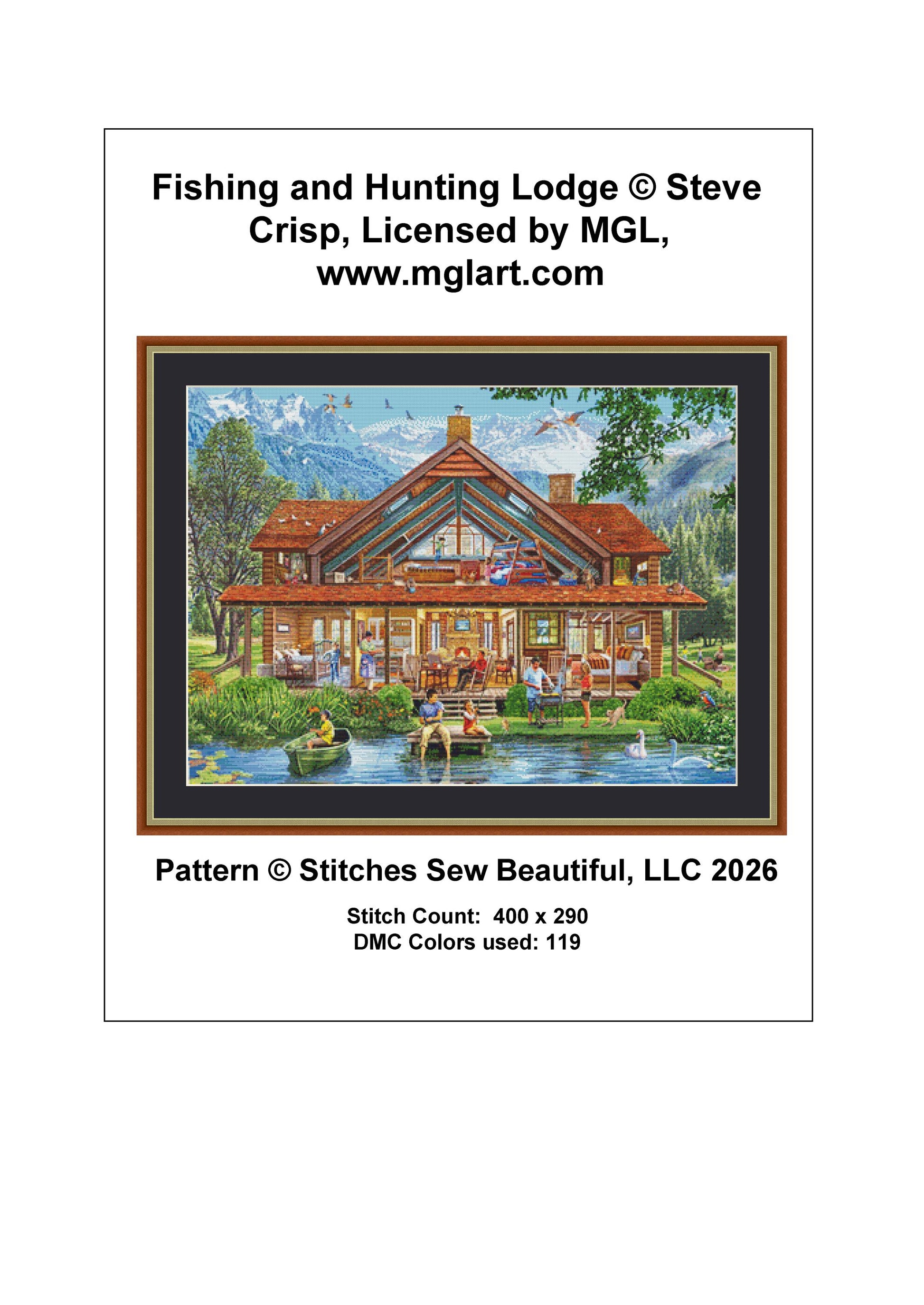 Fishing and Hunting Lodge counted cross stitch pattern by Steve Crisp, Licensed by MGL, www.mglart.com (Digital Format)