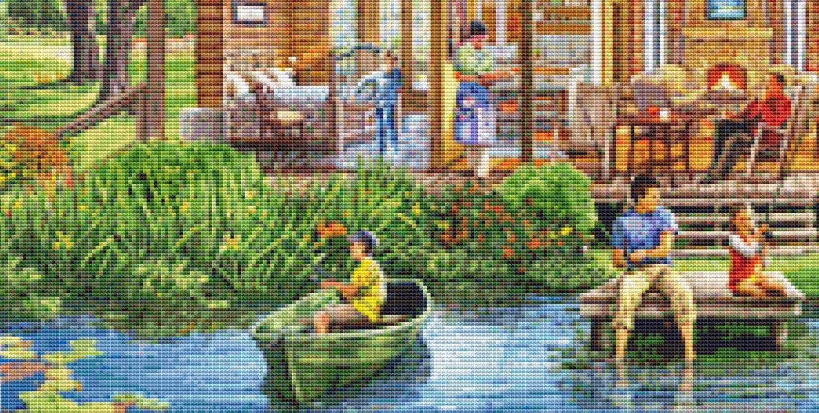Fishing and Hunting Lodge counted cross stitch pattern by Steve Crisp, Licensed by MGL, www.mglart.com (Digital Format)