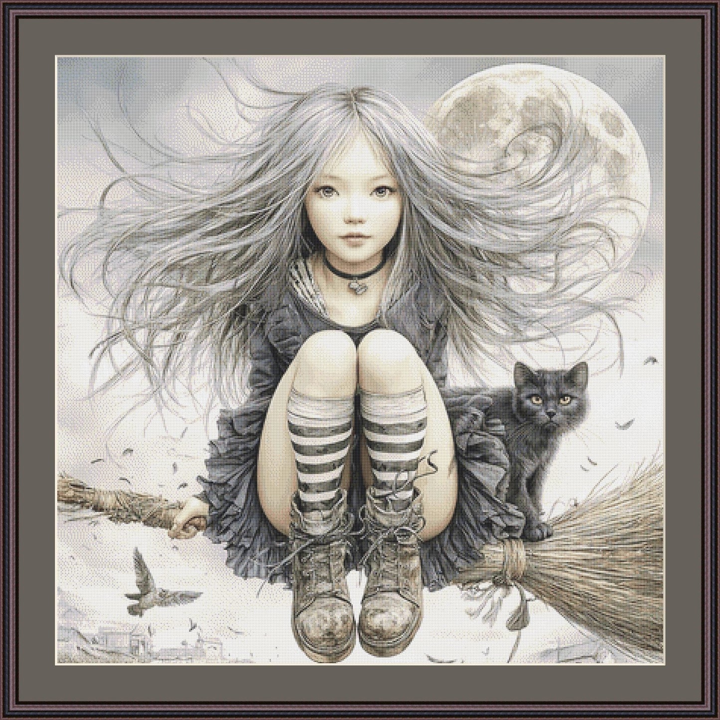 The Silver Witch and Her Black Cat counted cross stitch pattern by Bryna T Art & Design (Digital Format)