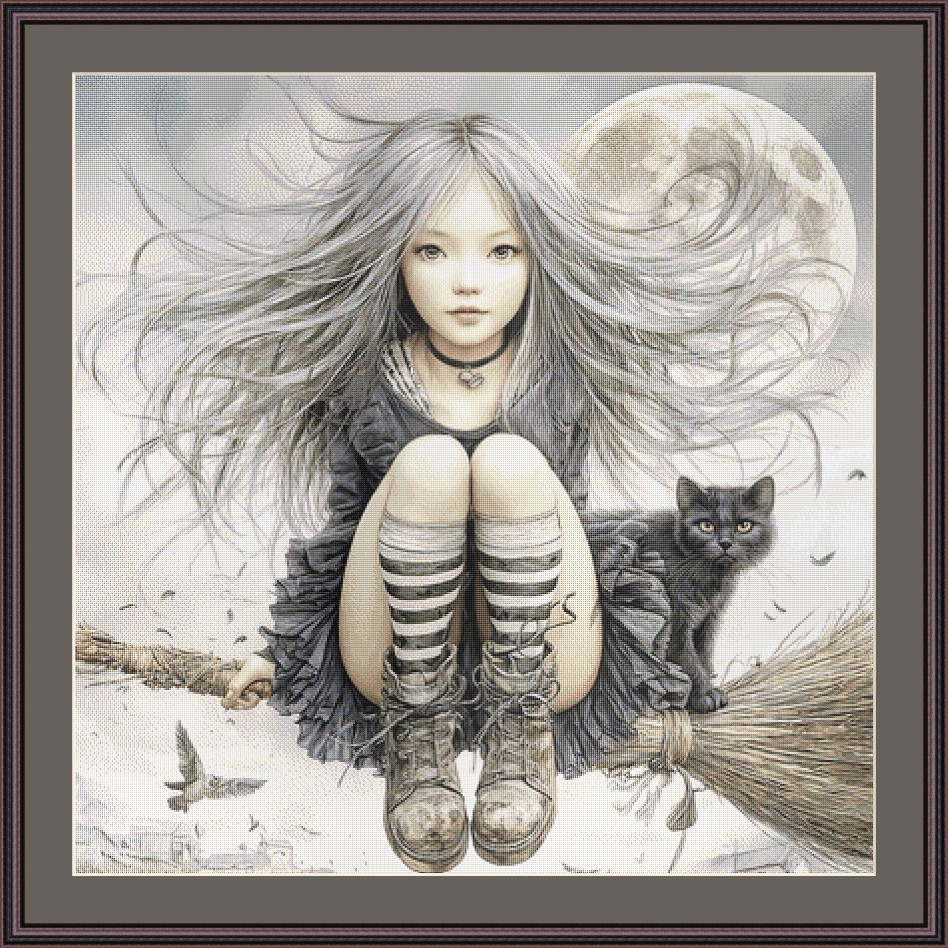 The Silver Witch and Her Black Cat counted cross stitch pattern by Bryna T Art & Design (Digital Format)