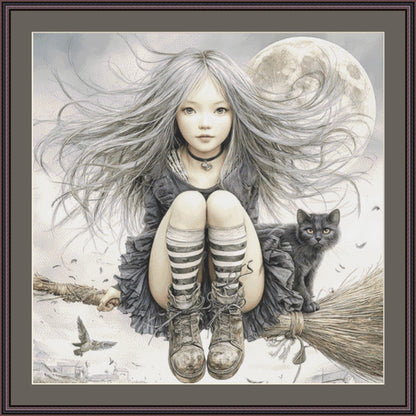 The Silver Witch and Her Black Cat counted cross stitch pattern by Bryna T Art & Design (Digital Format)