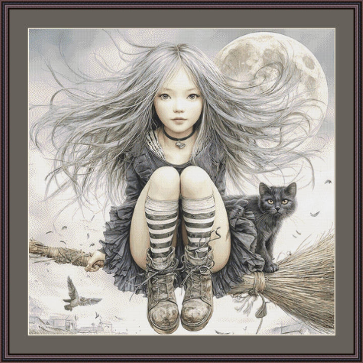 The Silver Witch and Her Black Cat counted cross stitch pattern by Bryna T Art & Design (Digital Format)