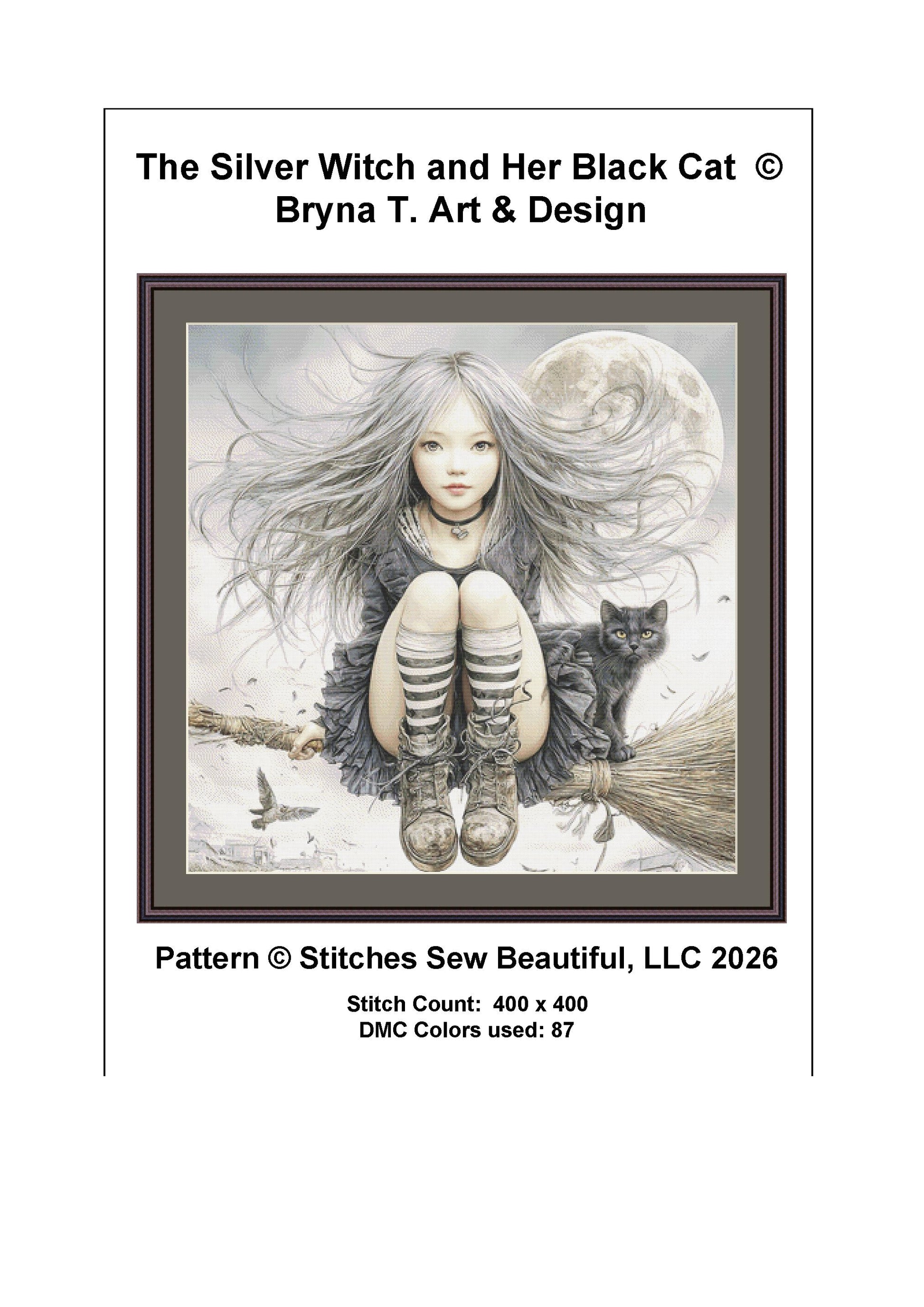 The Silver Witch and Her Black Cat counted cross stitch pattern by Bryna T Art & Design (Digital Format)