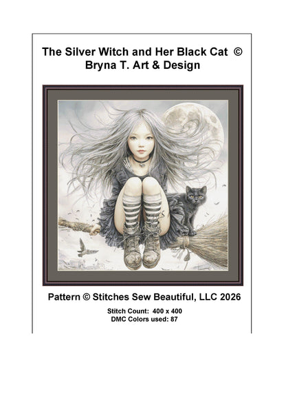 The Silver Witch and Her Black Cat counted cross stitch pattern by Bryna T Art & Design (Digital Format)