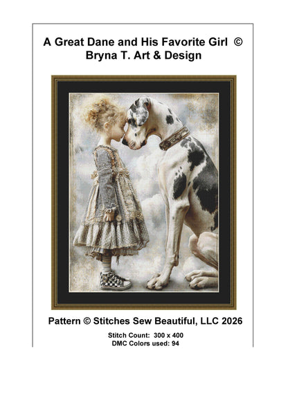 A Great Dane and His Favorite Girl counted cross stitch pattern by Bryna T Art & Design (Digital Format)