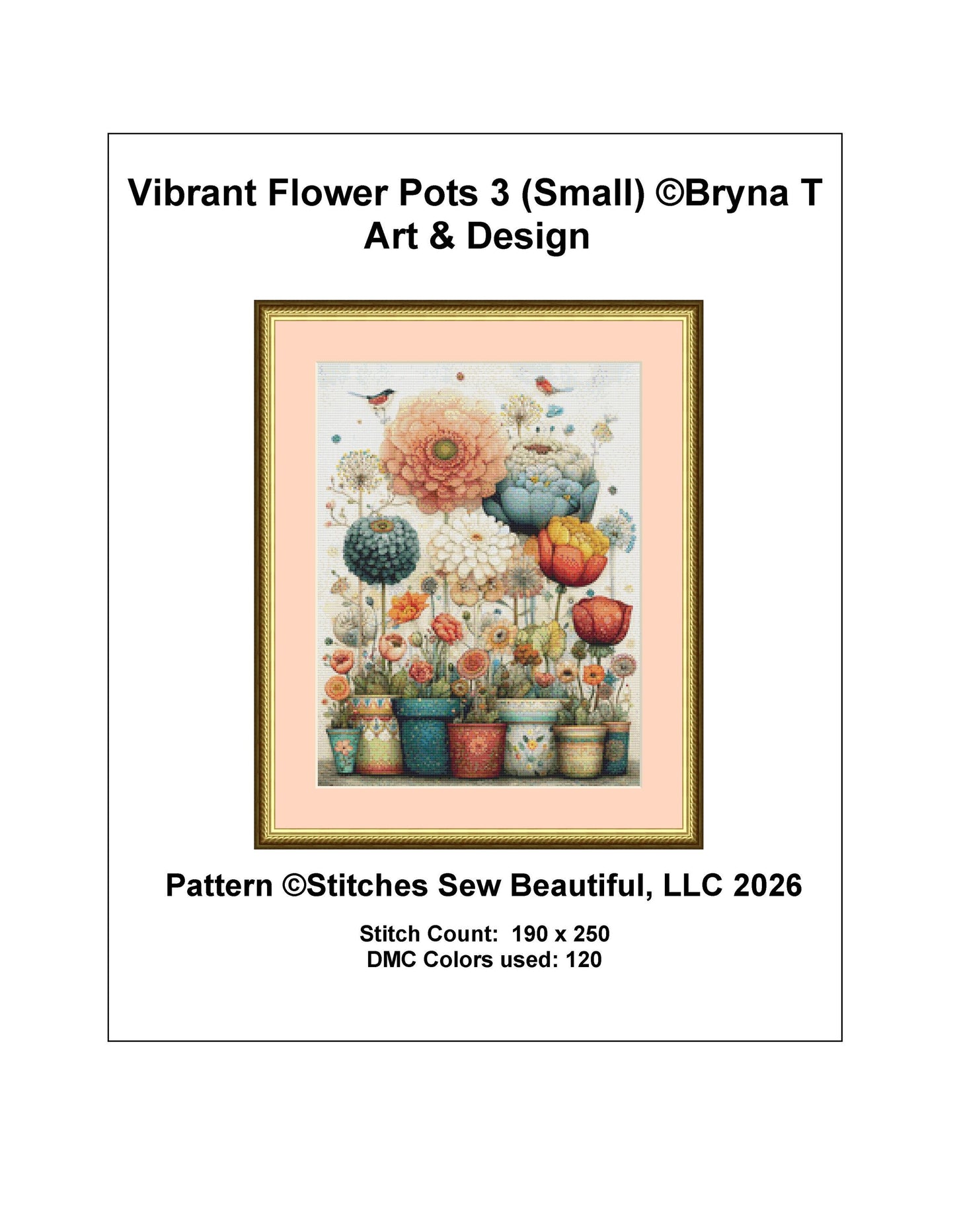 Vibrant Flower Pots 3 (Small) counted cross stitch pattern by Bryna T Art & Design (Digital Format)