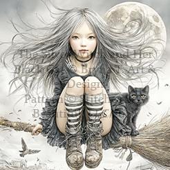 The Silver Witch and Her Black Cat counted cross stitch pattern by Bryna T Art & Design (Digital Format)