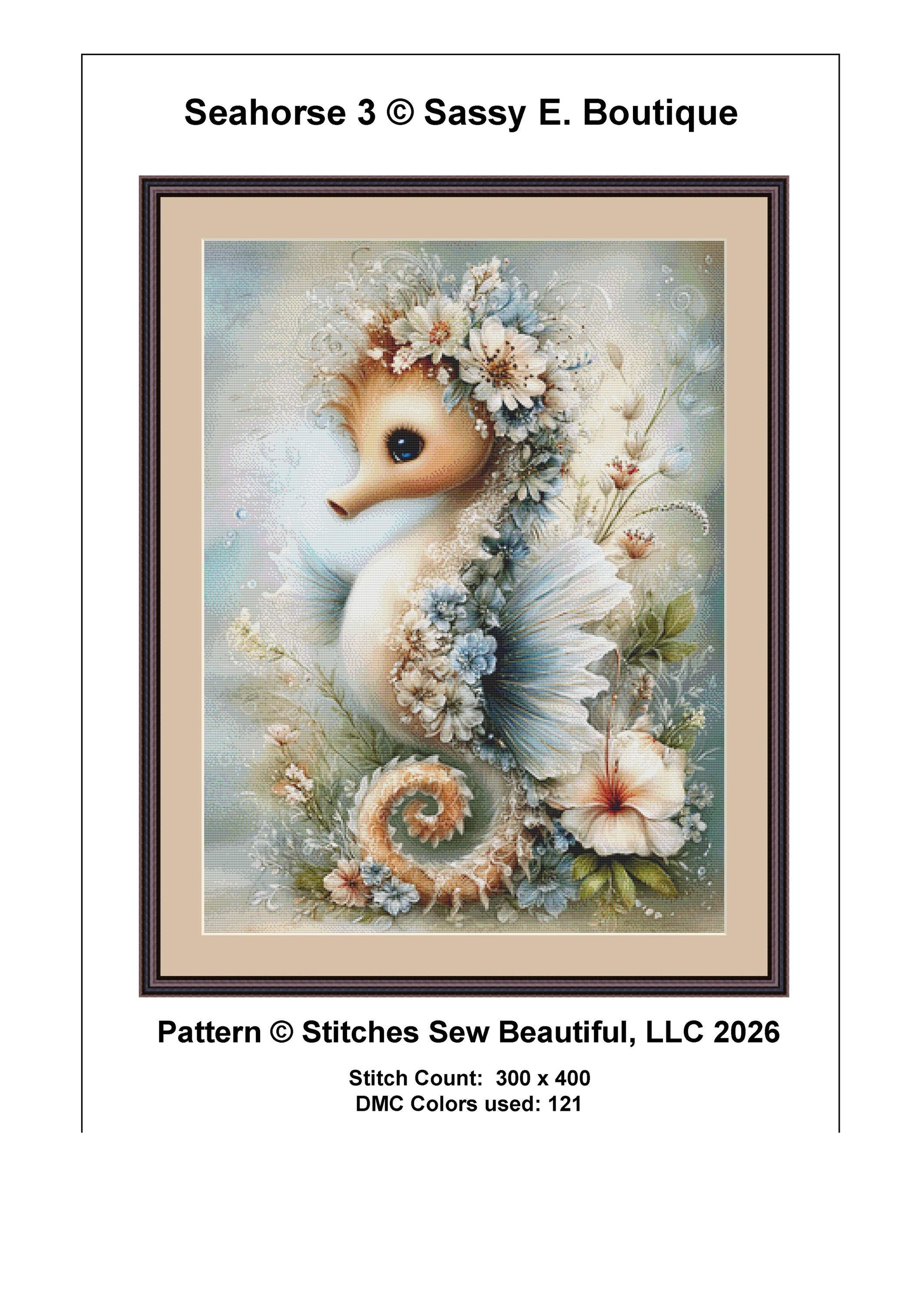 Seahorse 3 counted cross stitch pattern by Sassy E. Boutique (Digital Format)