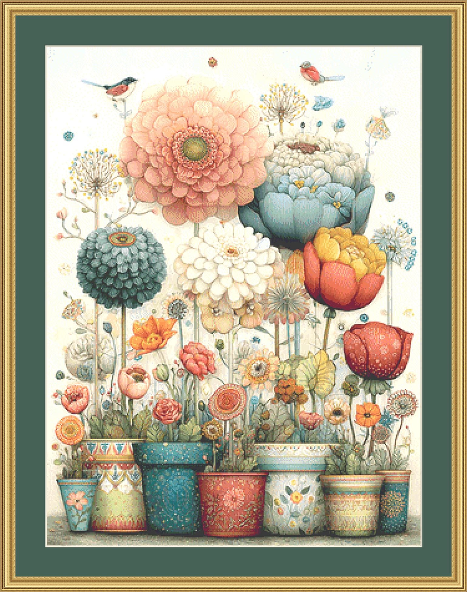 Vibrant Flower Pots 3 (Max Color) counted cross stitch pattern by Bryna T. Art & Design (Digital Format)