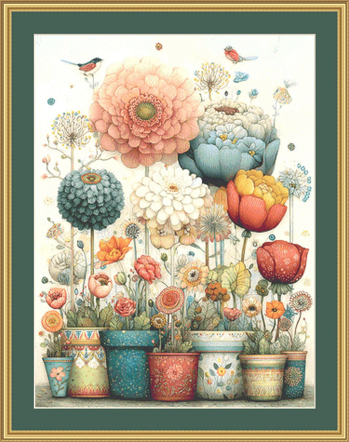 Vibrant Flower Pots 3 (Max Color) counted cross stitch pattern by Bryna T. Art & Design (Digital Format)
