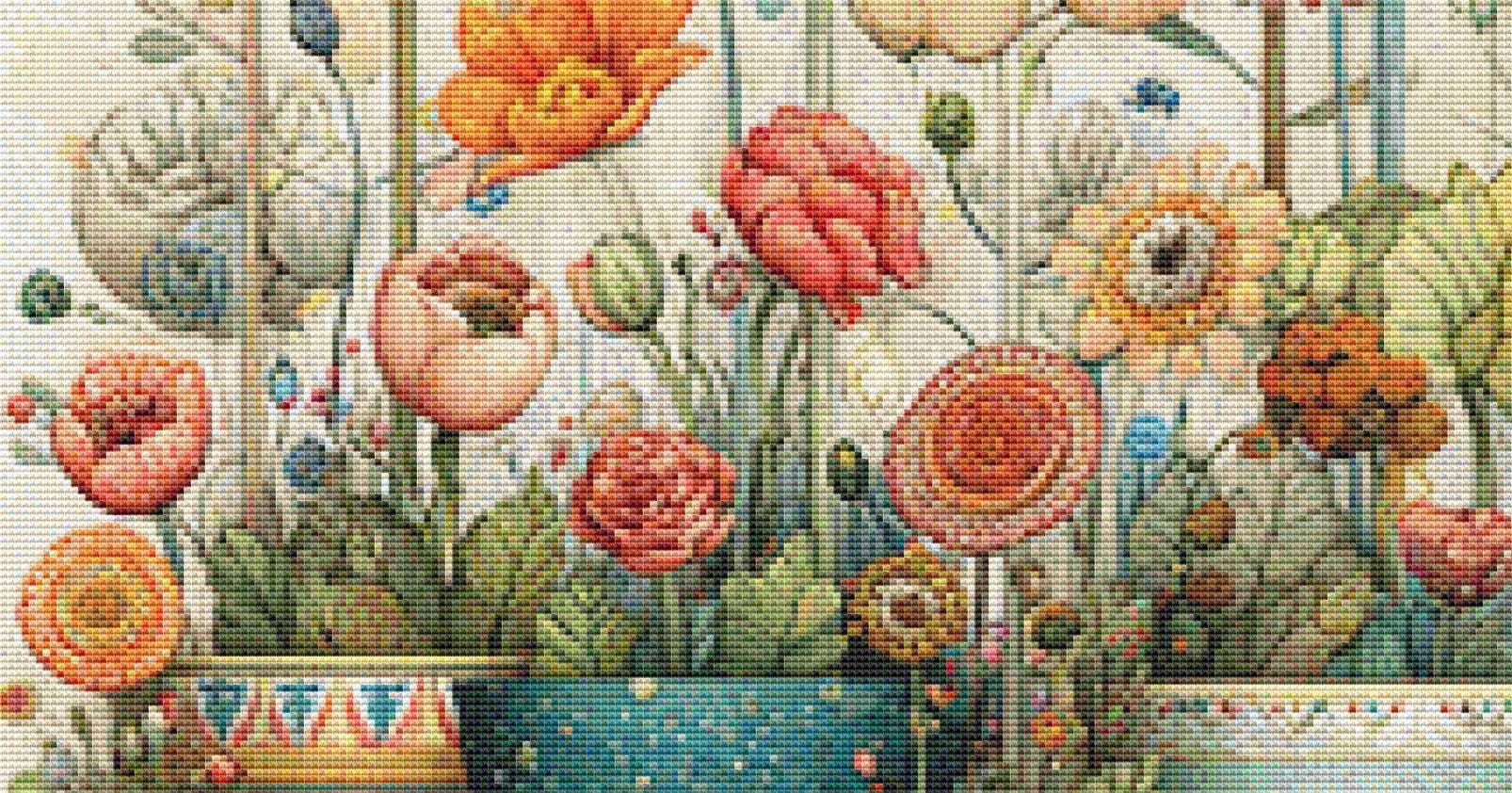 Vibrant Flower Pots 3 (Max Color) counted cross stitch pattern by Bryna T. Art & Design (Digital Format)