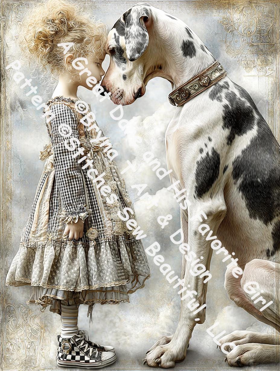 A Great Dane and His Favorite Girl (Max Size) counted cross stitch pattern by Bryna T. Art & Design (Digital Format)