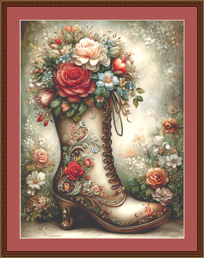 Antique Rose Boot counted cross stitch pattern by Sassy E. Boutique (Digital Format)