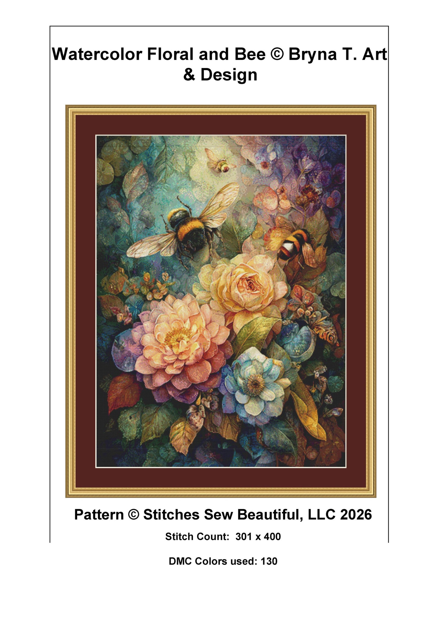 Watercolor Floral and Bee counted cross stitch pattern by Bryna T. Art & Design (Digital Format)