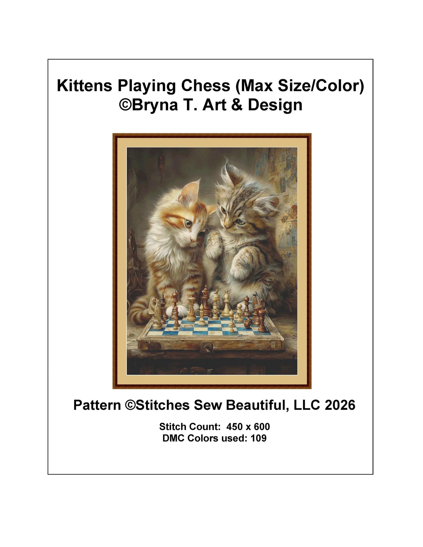Kittens Playing Chess (Max Size/Color) counted cross stitch pattern by Bryna T. Art & Design (Digital Format)
