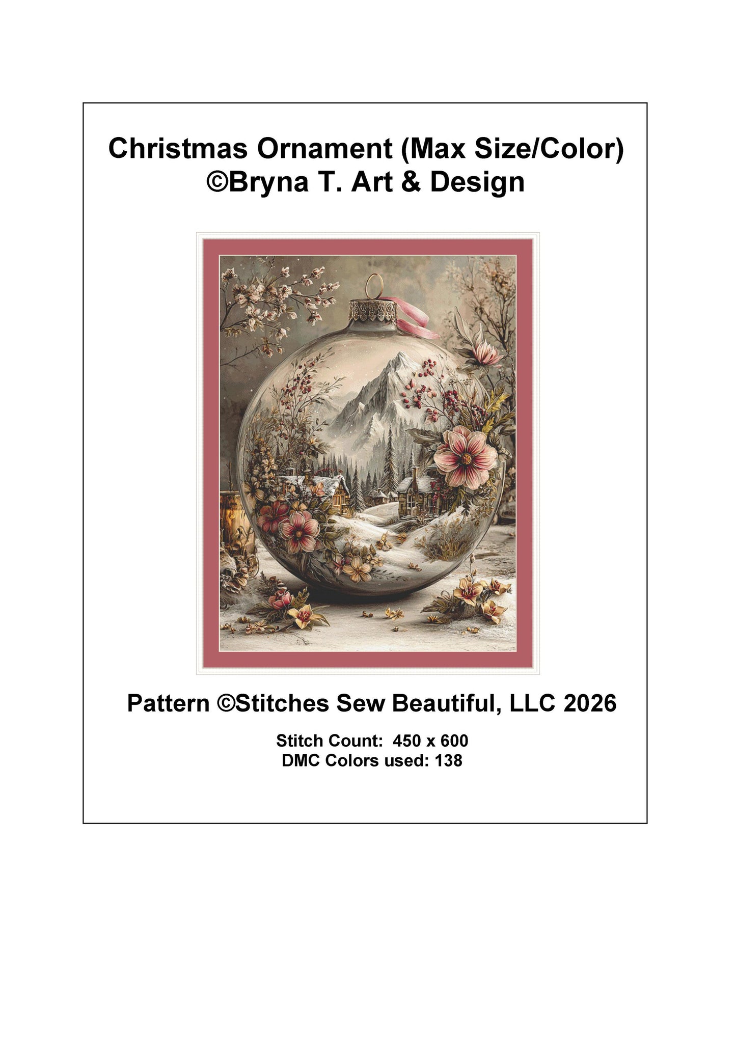 Christmas Ornament (Max Size/Color) counted cross stitch pattern by Bryna T. Art & Design (Digital Format)