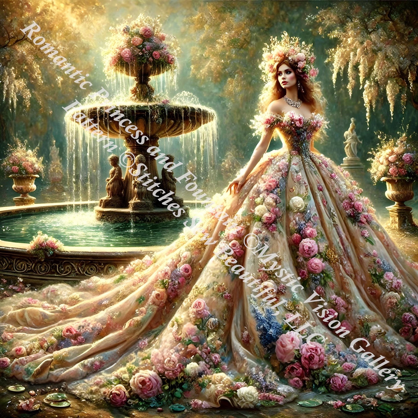 Romantic Princess and Fountain (Small) counted cross stitch pattern by Mystic Vision Gallery (Digital Format)