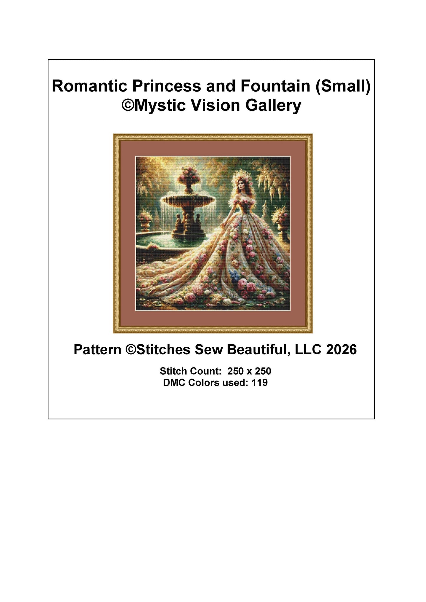 Romantic Princess and Fountain (Small) counted cross stitch pattern by Mystic Vision Gallery (Digital Format)