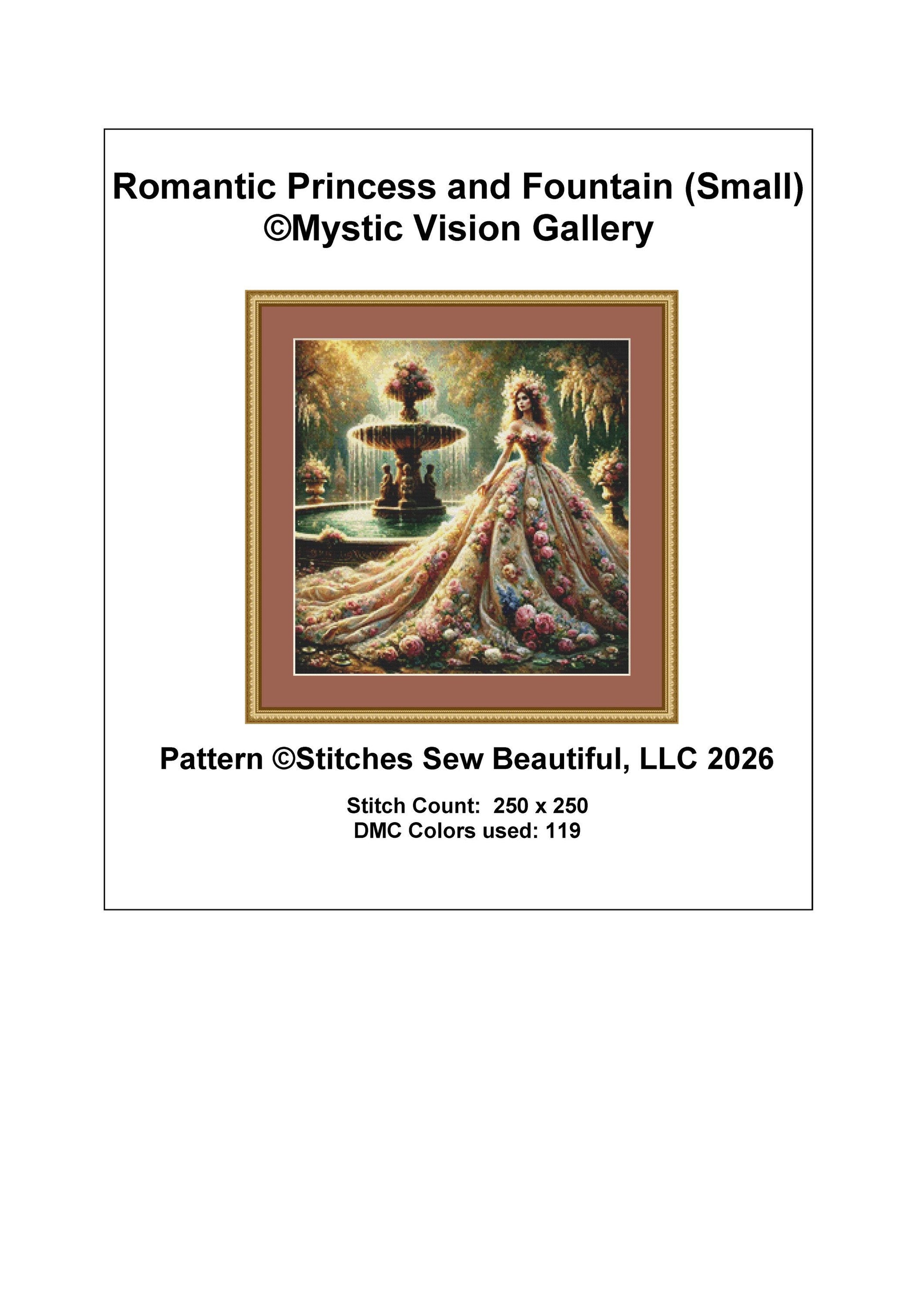 Romantic Princess and Fountain (Small) counted cross stitch pattern by Mystic Vision Gallery (Digital Format)